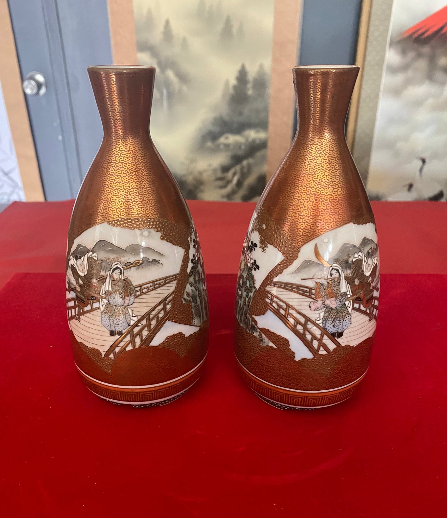 Japanese Pair of Kutani Sake Bottles