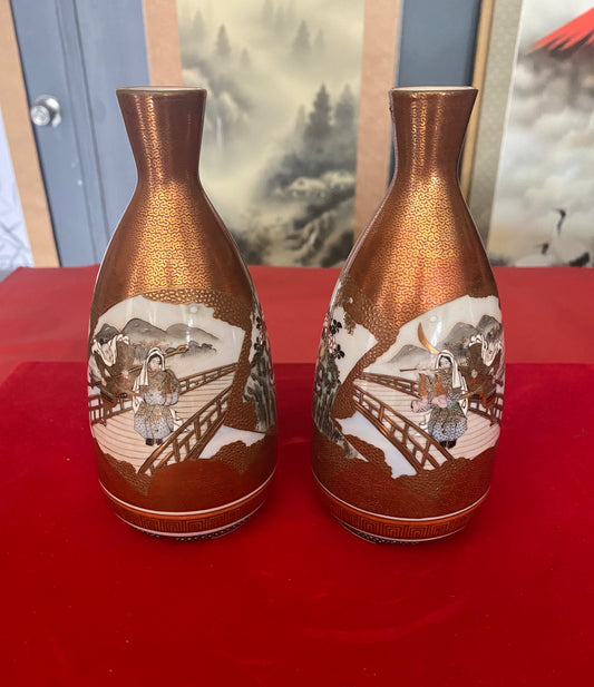 Japanese Pair of Kutani Sake Bottles