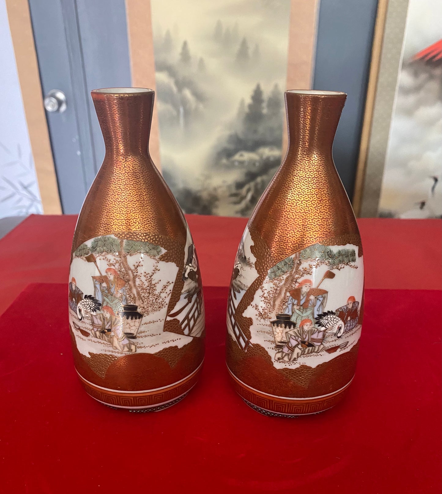 Japanese Pair of Kutani Sake Bottles
