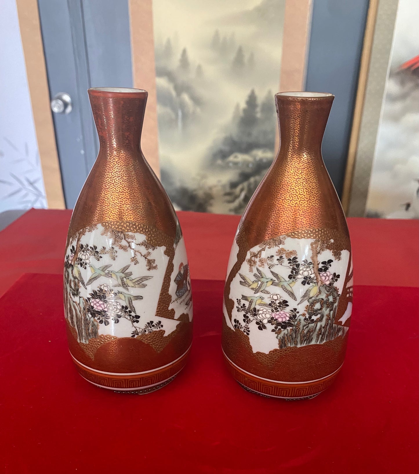 Japanese Pair of Kutani Sake Bottles